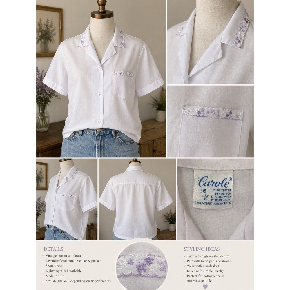 Vintage White Button Up Blouse Lavender Trim Cottagecore USA 36